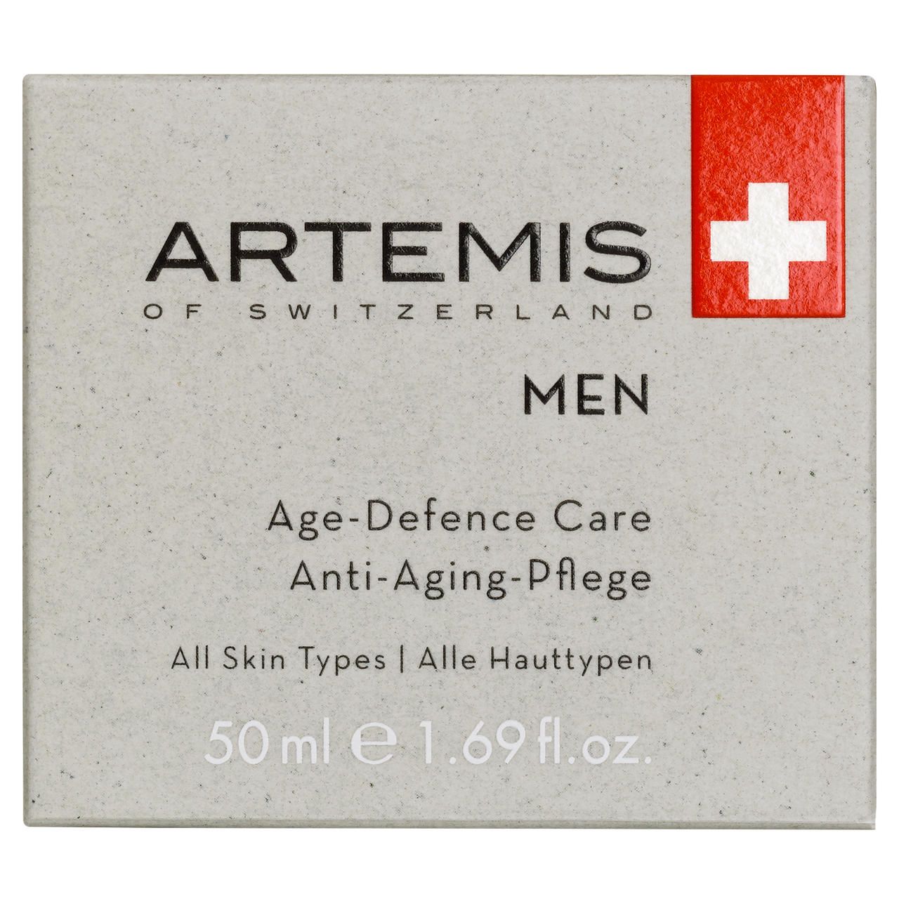 Schachtel mit Aufschrift: ARTEMIS OF SWITZERLAND MEN Age-Defence Care Anti-Aging-Pflege. Schweizer Kreuz. 50 ml.