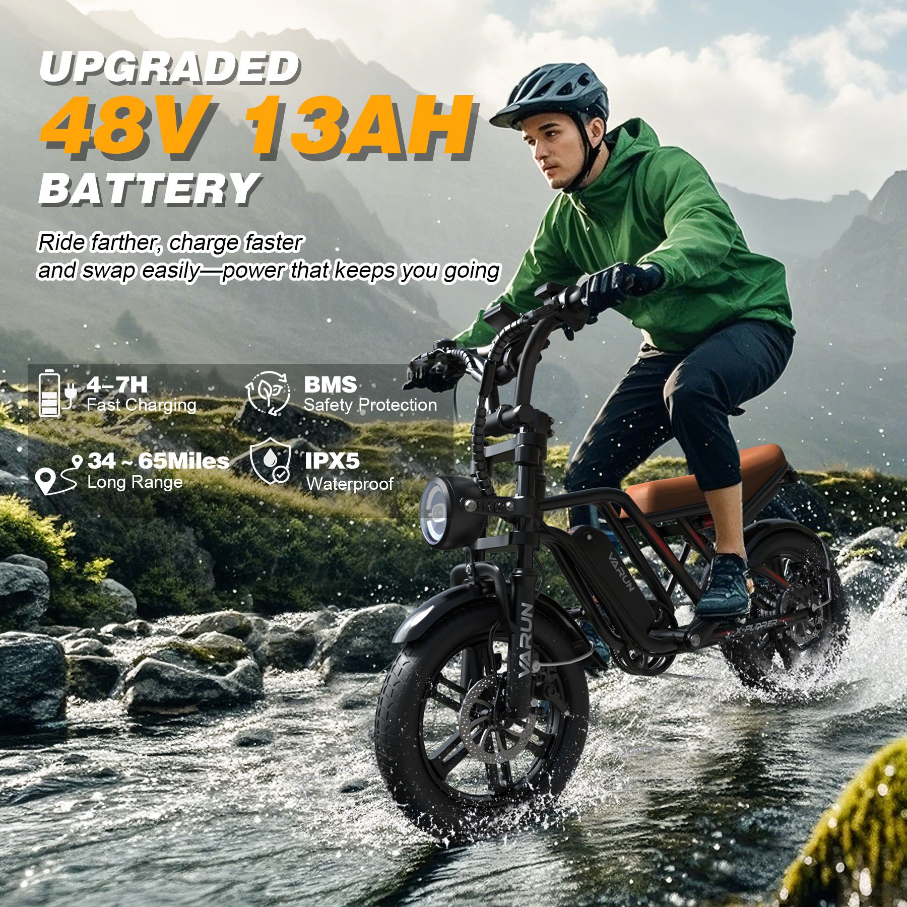VARUN X-Plorer E-Bike in Aktion im Wasser. Text: Upgraded 48V 13AH Battery, 4-7H Fast Charging, 34-65 Miles Long Range.