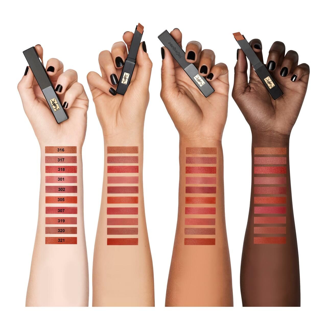 Vier Arme mit Lippenstift-Farbmustern. Verschiedene Hauttöne. Lippenstifte in schwarzen Hüllen. Farbnummern sichtbar.