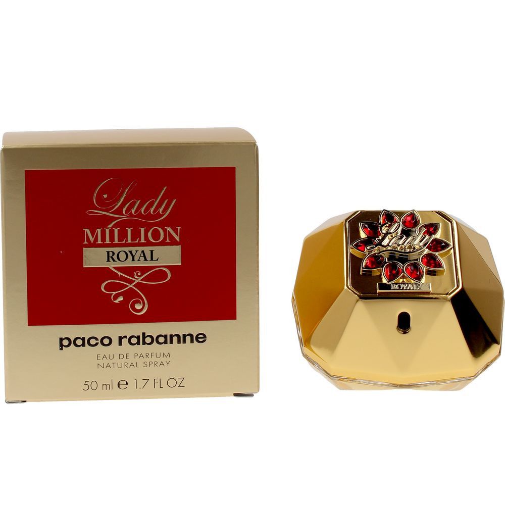 Goldfarbener Flakon und Verpackung. Flakon mit rotem Deckel. Aufschrift: Lady Million Royal, Paco Rabanne.