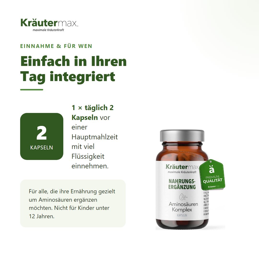 Anleitung zur Einnahme von 2 Kapseln täglich, mit Bild der Kräutermax Aminosäuren Komplex Flasche.