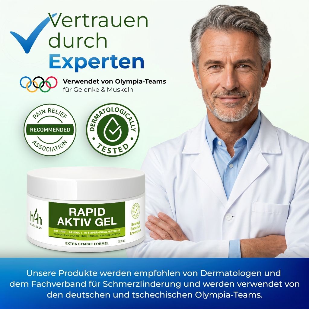 Mann in Arztkittel neben H4H Naturals Rapid Aktiv Gel Tiegel. "Vertrauen durch Experten" und Olympiaringe.