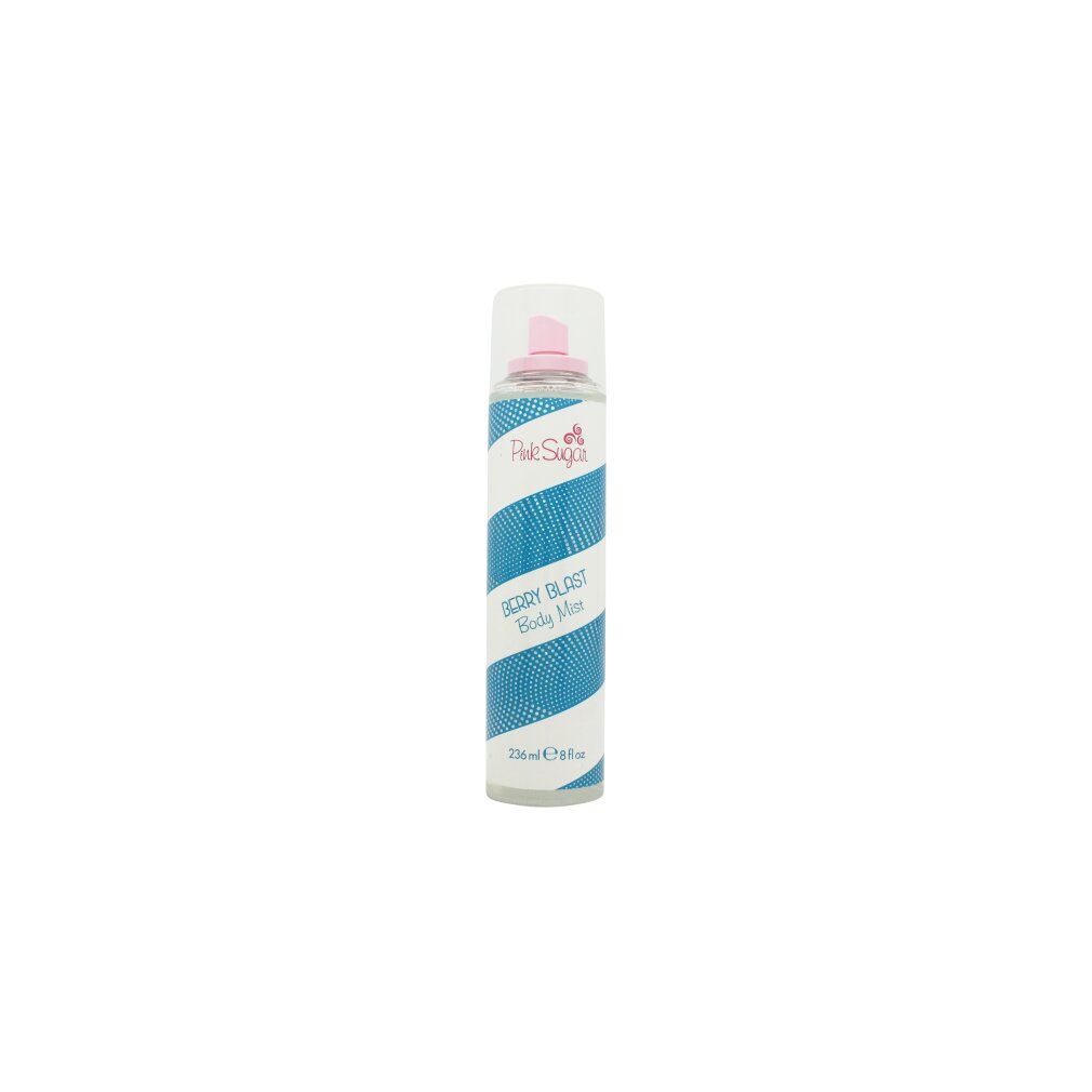 Körpernebel mit blau-weißem Streifenmuster. Rosa Sprühkopf. Text: Berry Blast Body Mist, Pink Sugar. 236 ml.