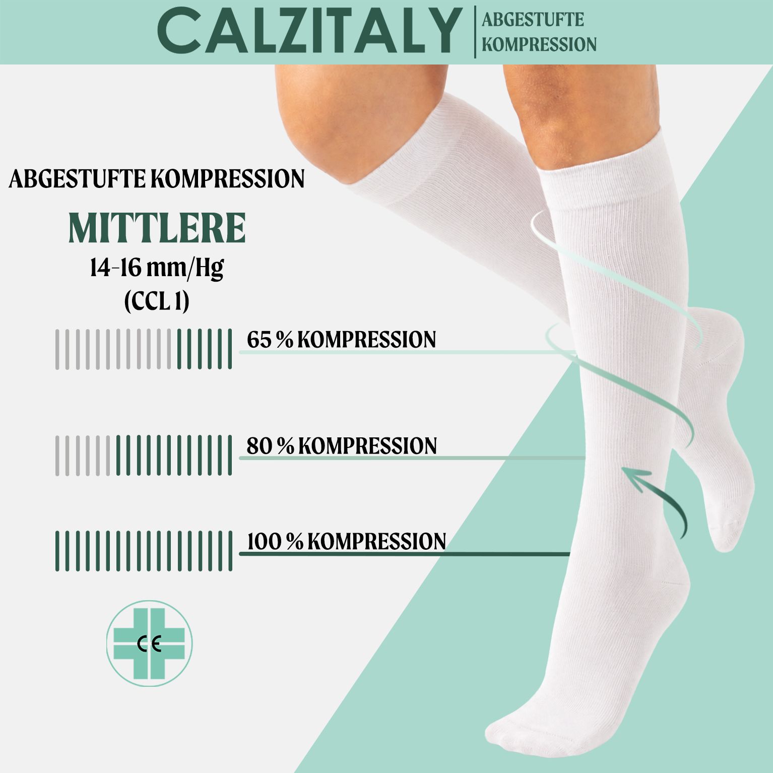 CALZITALY Unisex Kniestrümpfe aus Baumwolle Abgestufter Kompression 14-16 mm/Hg Made in Italy