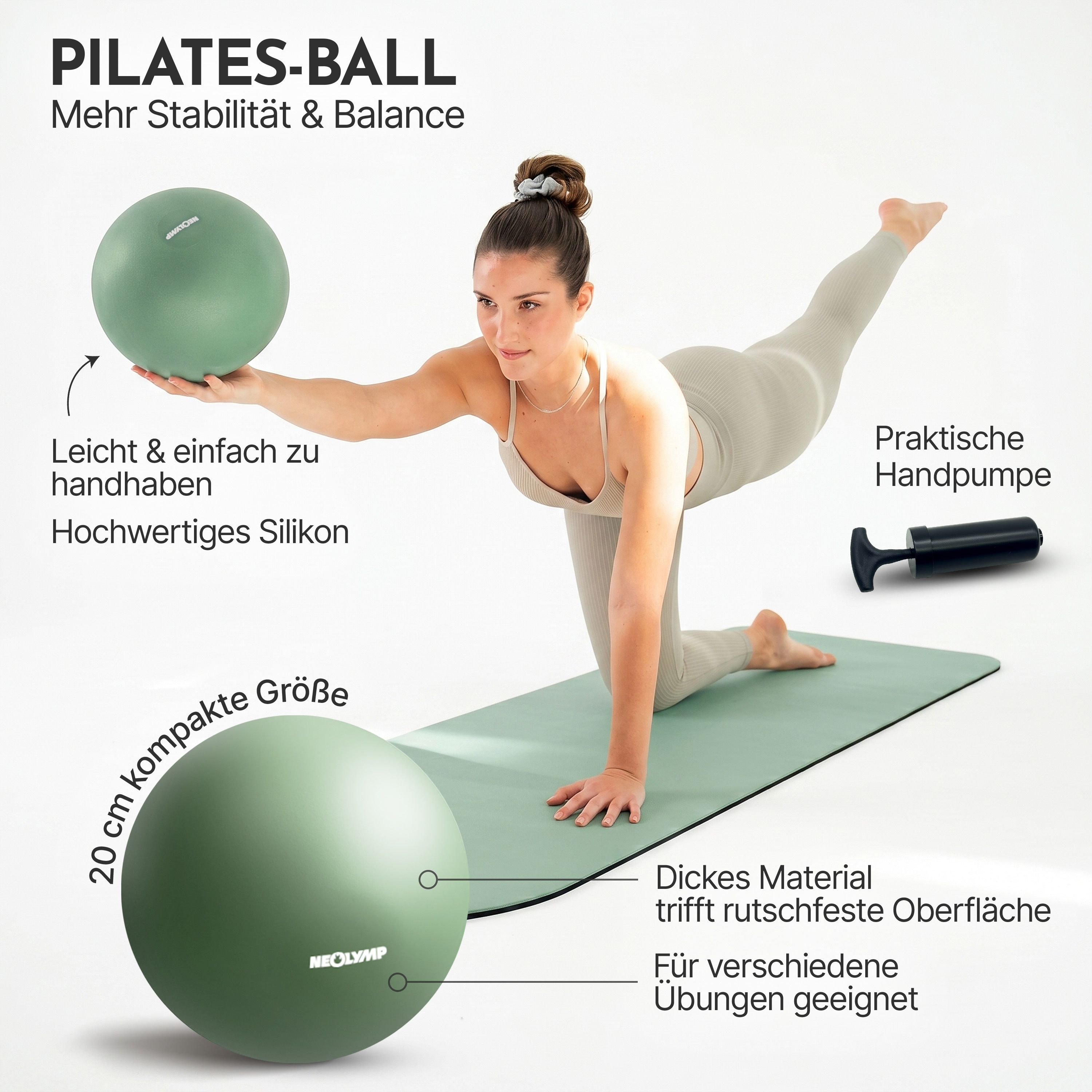 NEOLYMP Pilates Ball: Hochwertiges Silikon, 20cm kompakt, rutschfest, mit Pumpe.