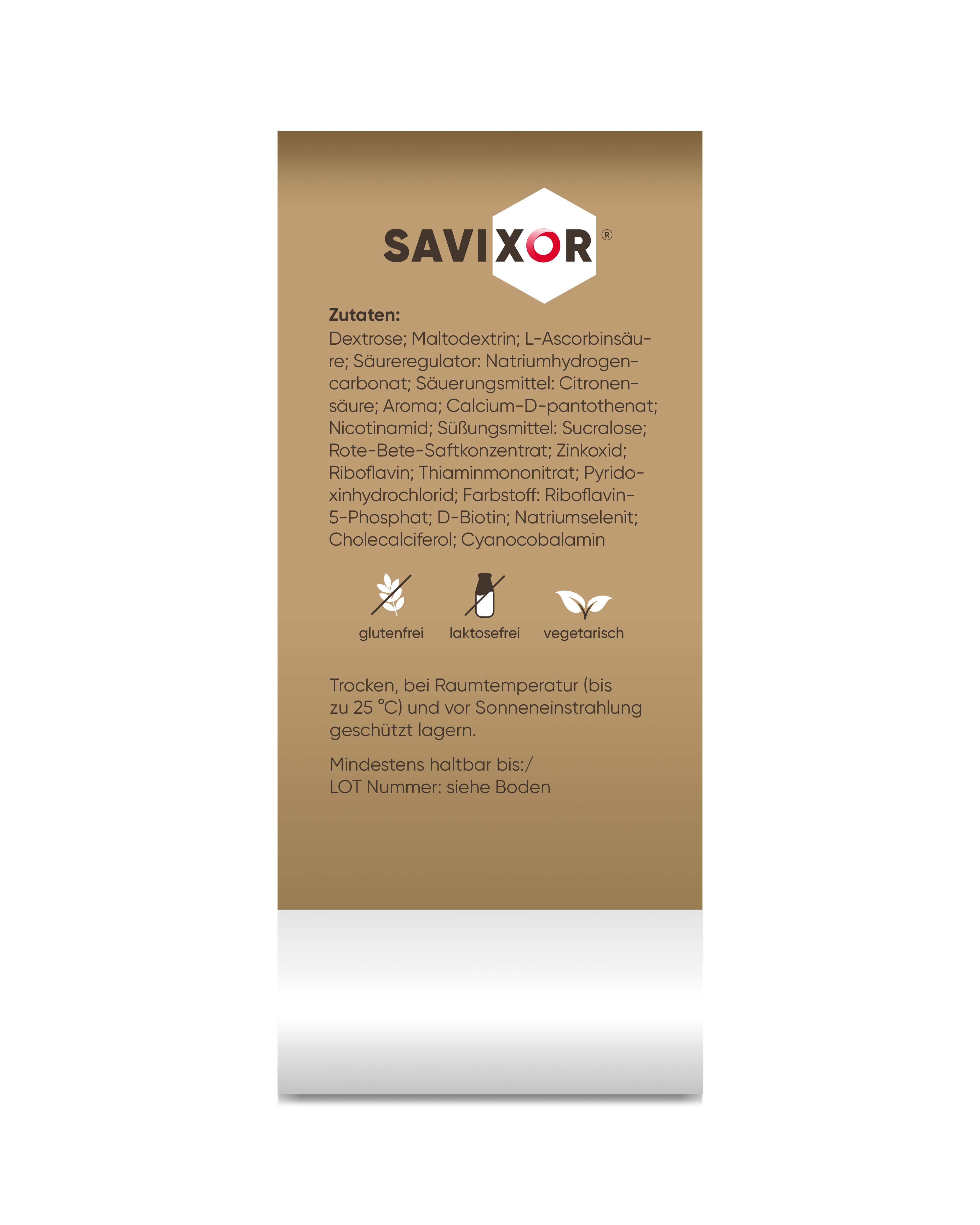 Savixor. Zutatenliste auf braunem Hintergrund. Enthält Dextrose, L-Ascorbinsäure, Säureregulator, etc. Glutenfrei, laktosefrei, vegetarisch.