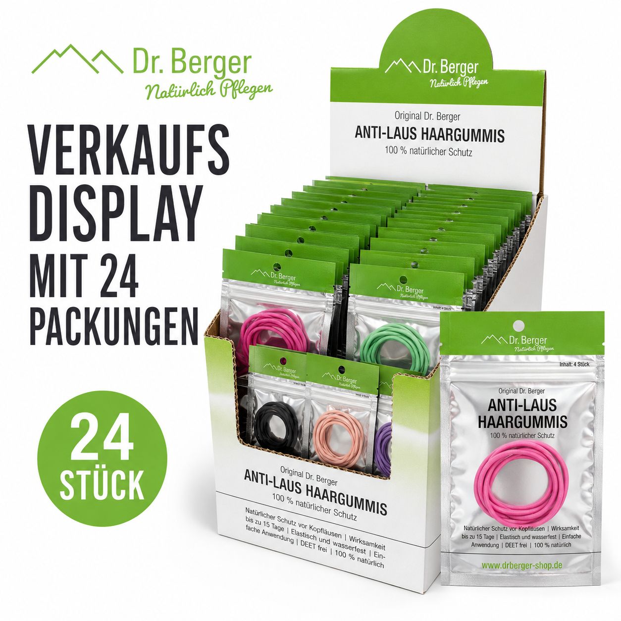Verkaufsdisplay mit 24 Packungen Anti-Laus-Haargummis in verschiedenen Farben.