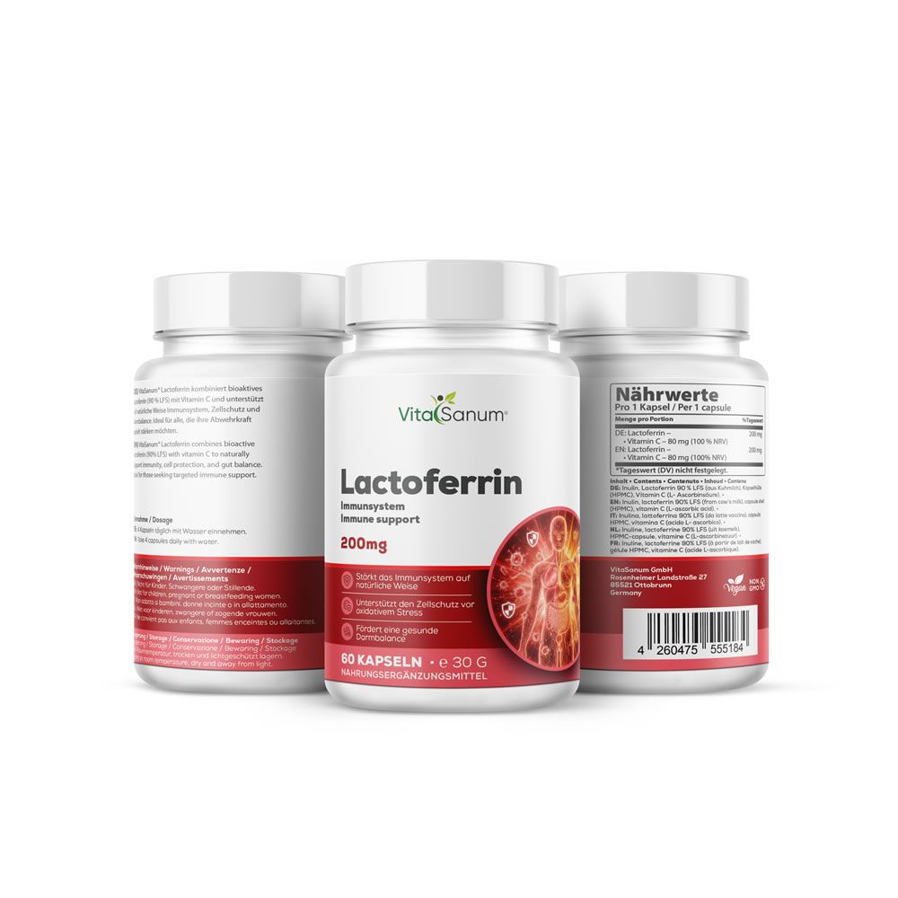 Drei VitaSanum Lactoferrin Behälter, weiß mit rotem Etikett, 60 Kapseln, 30g.