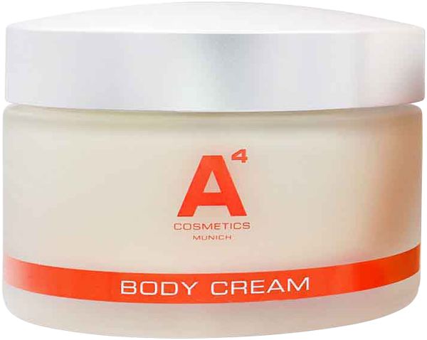 Cremebehälter mit weißem Deckel und orangefarbenem Streifen. Aufschrift: A4 Cosmetics, Body Cream.