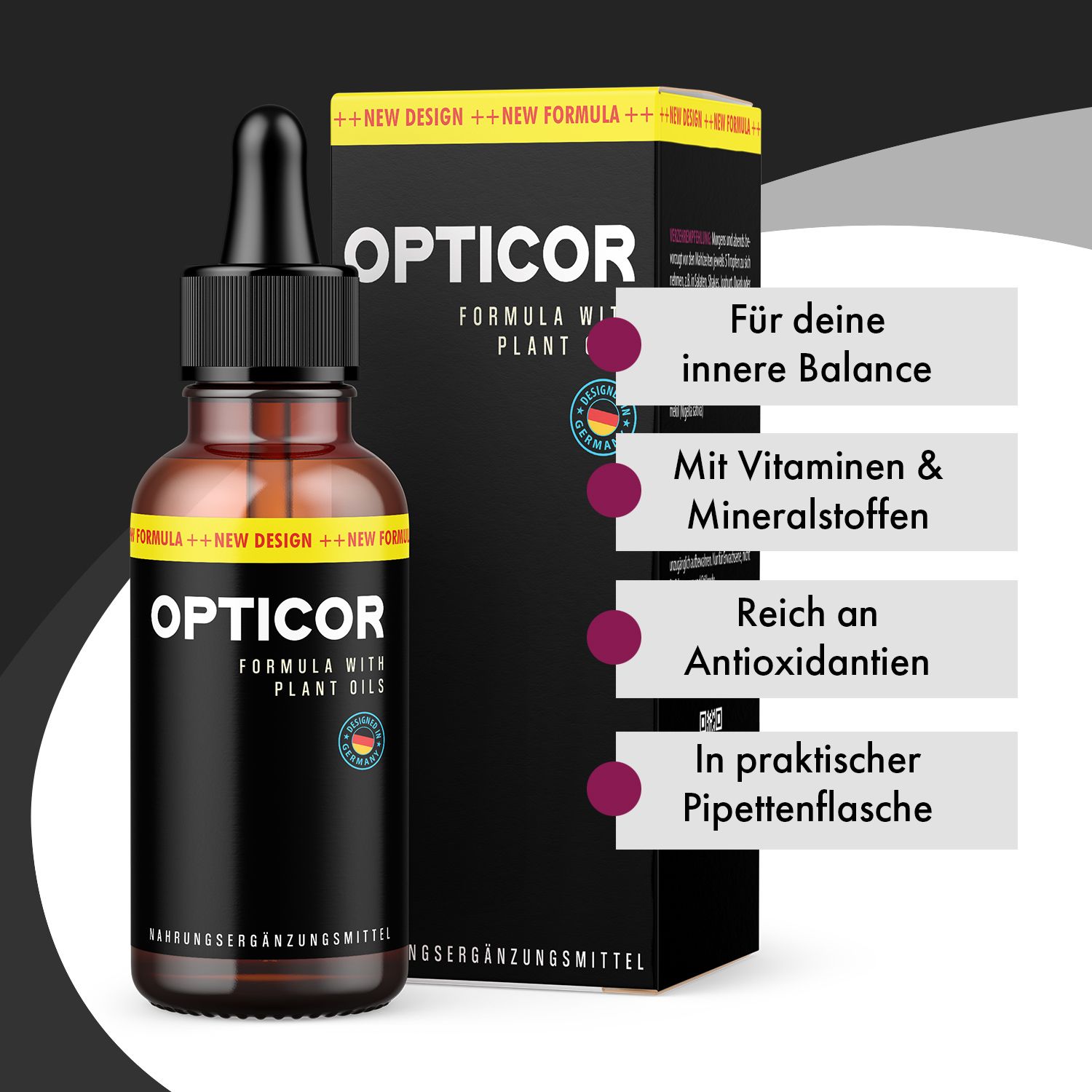 Braune Glasflasche mit Tropfer und schwarzem Deckel. Schwarze Verpackung mit Produktnamen und Text. Deutsches Qualitätssiegel.