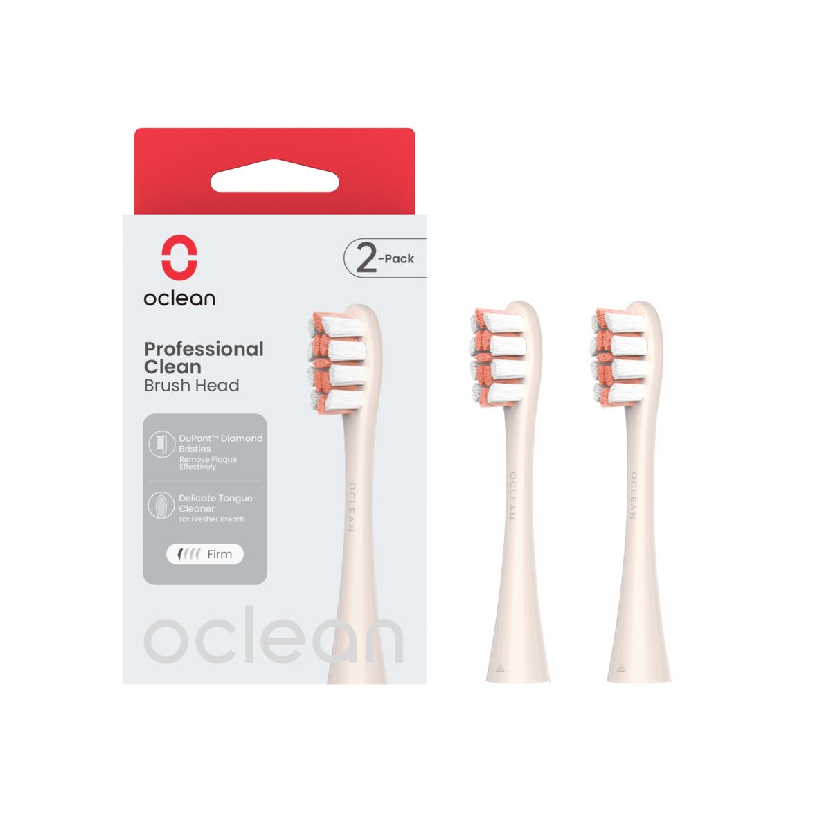 Oclean Bürstenkopf Prof. Clean, 2er Pack. Zwei Zahnbürstenköpfe und Verpackung. Weiß, rosa Borsten, "2-Pack".