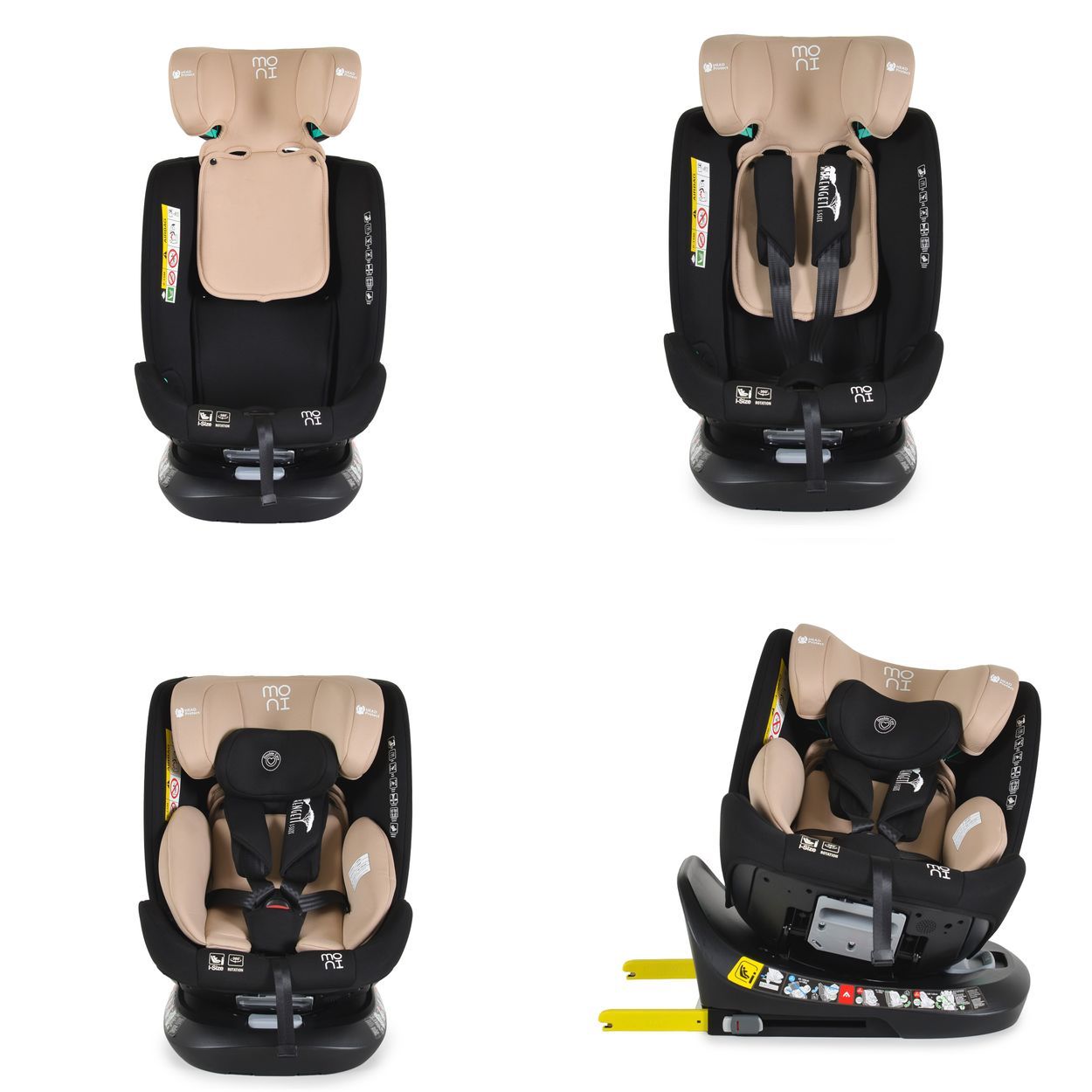 Baby-Autositz in verschiedenen Positionen, drehbar und mit Isofix-Befestigung.