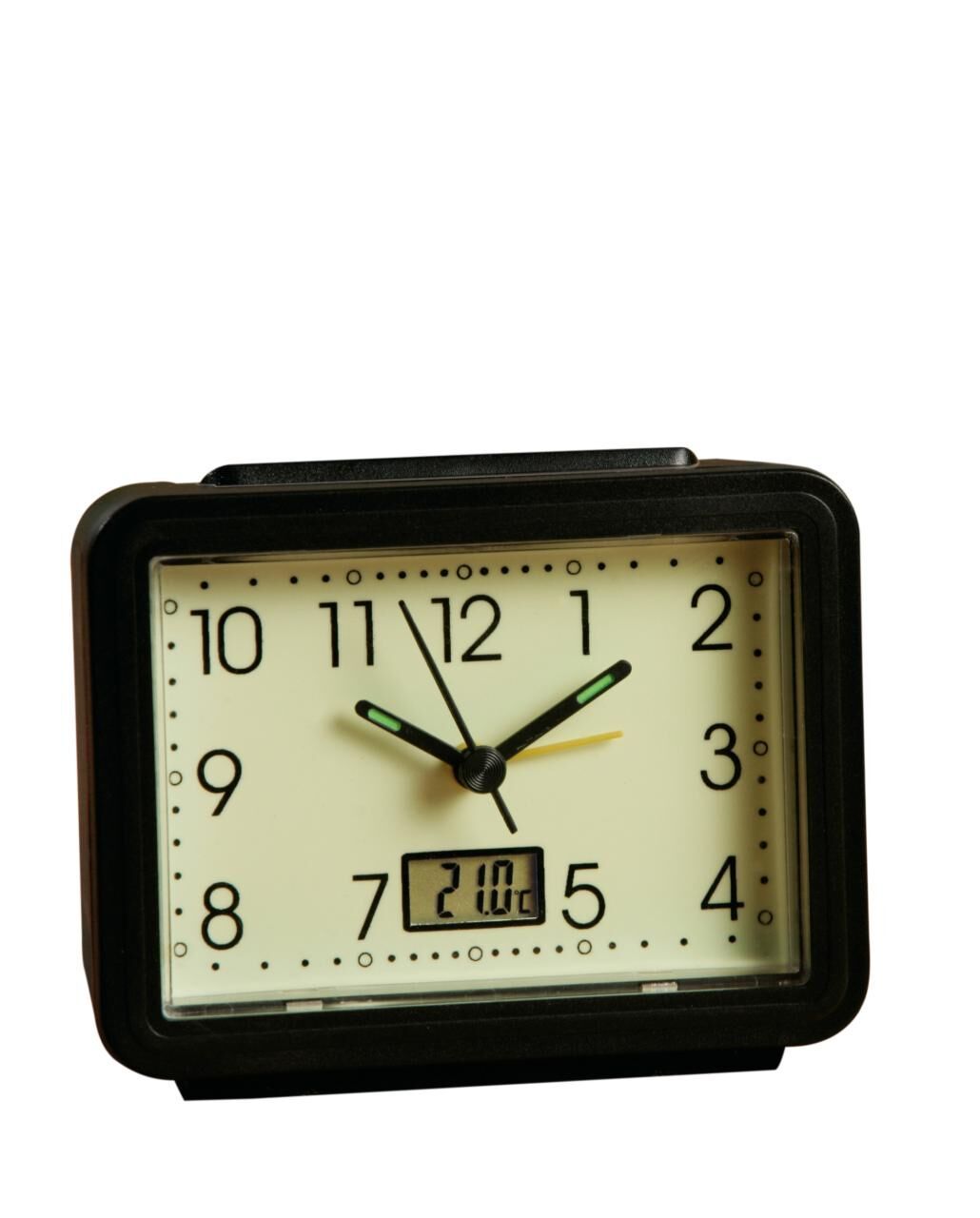 Rechteckiger Wecker mit schwarzem Rahmen und cremefarbenem Zifferblatt. Schwarze Zeiger, digitale Anzeige. Ziffern von 1 bis 12.