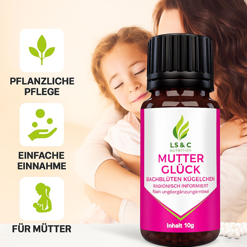 Braune Glasflasche mit schwarzem Deckel und pinkfarbenem Etikett. Aufschrift: LS & C Nutrition, Mutterglück, Bachblüten Kügelchen. Mutter und Kind im Hintergrund.