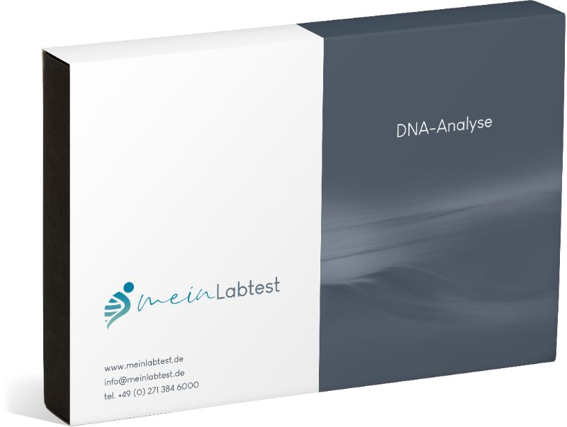 Verpackung des Meinlabtest DNA-Analyse Kits mit Logo und Kontaktdaten.
