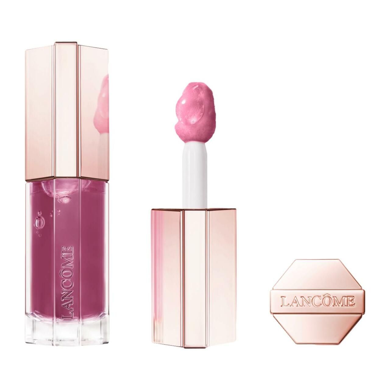 Lancôme Idôle Lip JuicyTreat. Flakon, Applikator und Deckel. Rosa Lippenstift. Deckel mit Lancôme-Logo. Transparenter Flakon.