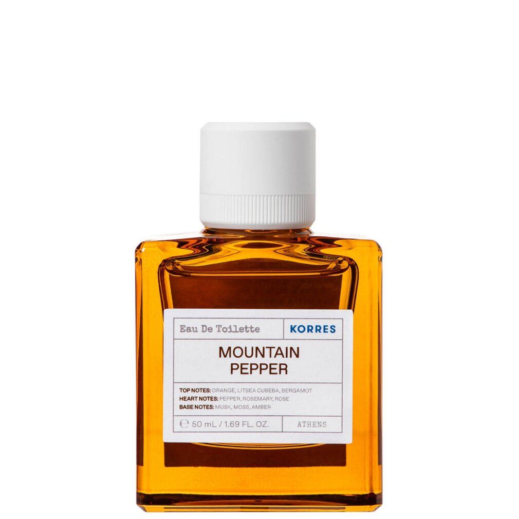 KORRES Eau de Toilette Mountain Pepper Flakon mit weißem Verschluss. Bernstein-farbene Flüssigkeit sichtbar.