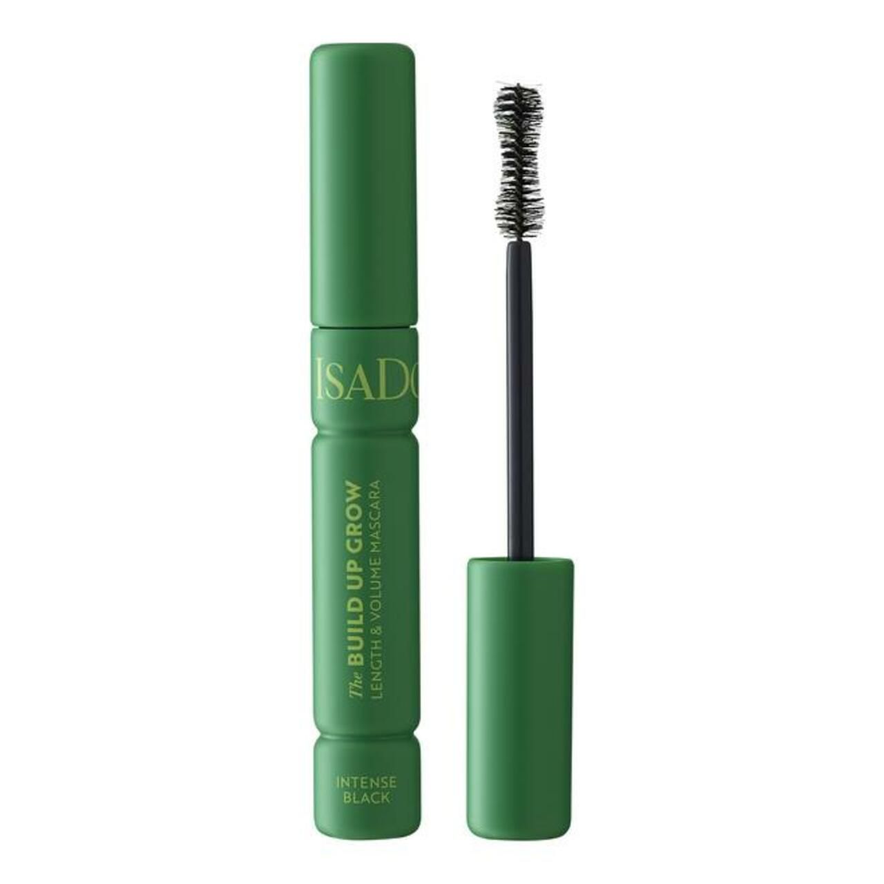 Grüne Mascarahülse mit schwarzer Bürste. Aufschrift: IsaDora, The Build Up Grow, Length & Volume Mascara, Intense Black.