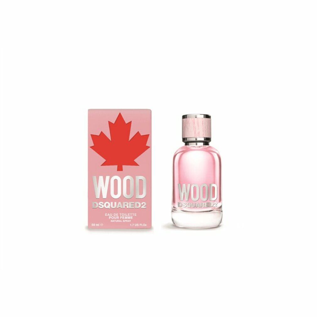 Dsquared2 Wood Eau de Toilette Flakon und Verpackung für Damen, rosa mit rotem Ahornblatt.