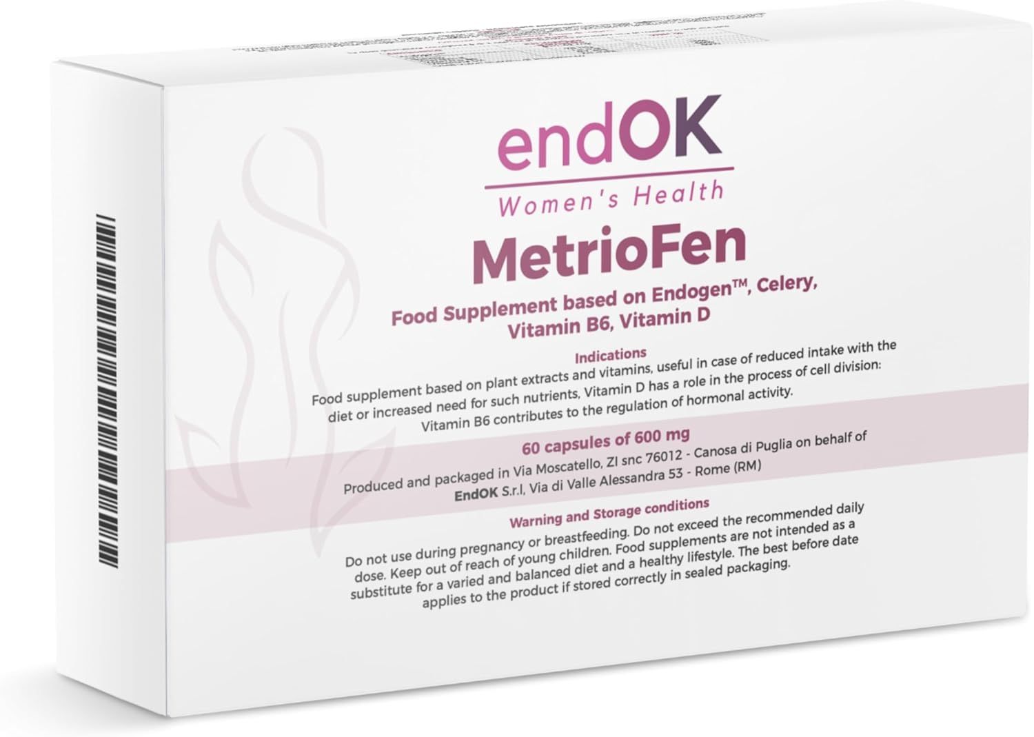 Weißer Karton mit Produktinformationen. Aufschrift: endOK, MetrioFen, 60 Kapseln. Zusatznahrungsmittel für Frauen.