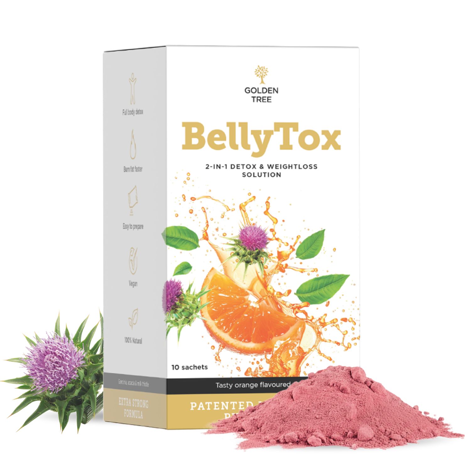 Golden Tree BellyTox Karton mit Orangen- und Distelmotiv, daneben ein Haufen Pulver.
