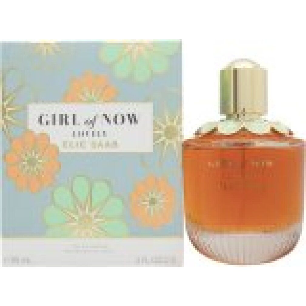 Parfümflakon und Schachtel. Flakon mit goldfarbenem Verschluss, orange Flüssigkeit, grüne Blüten. Schachtel mit Blumenmuster.