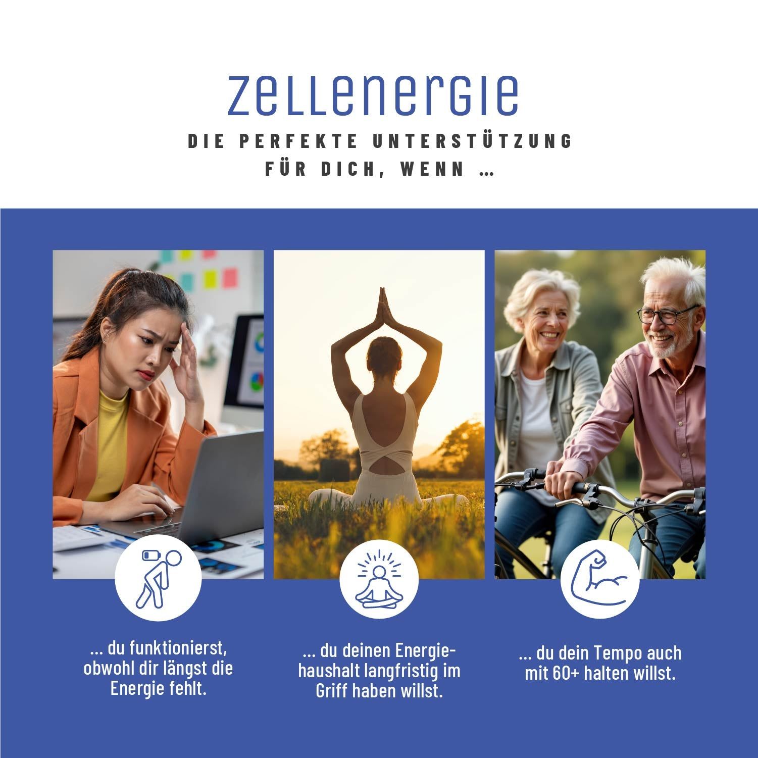 Grafik mit drei Szenen: Frau am Laptop, Person in Yoga-Pose, älteres Paar auf Fahrrädern. Text: ZELLENERGIE.