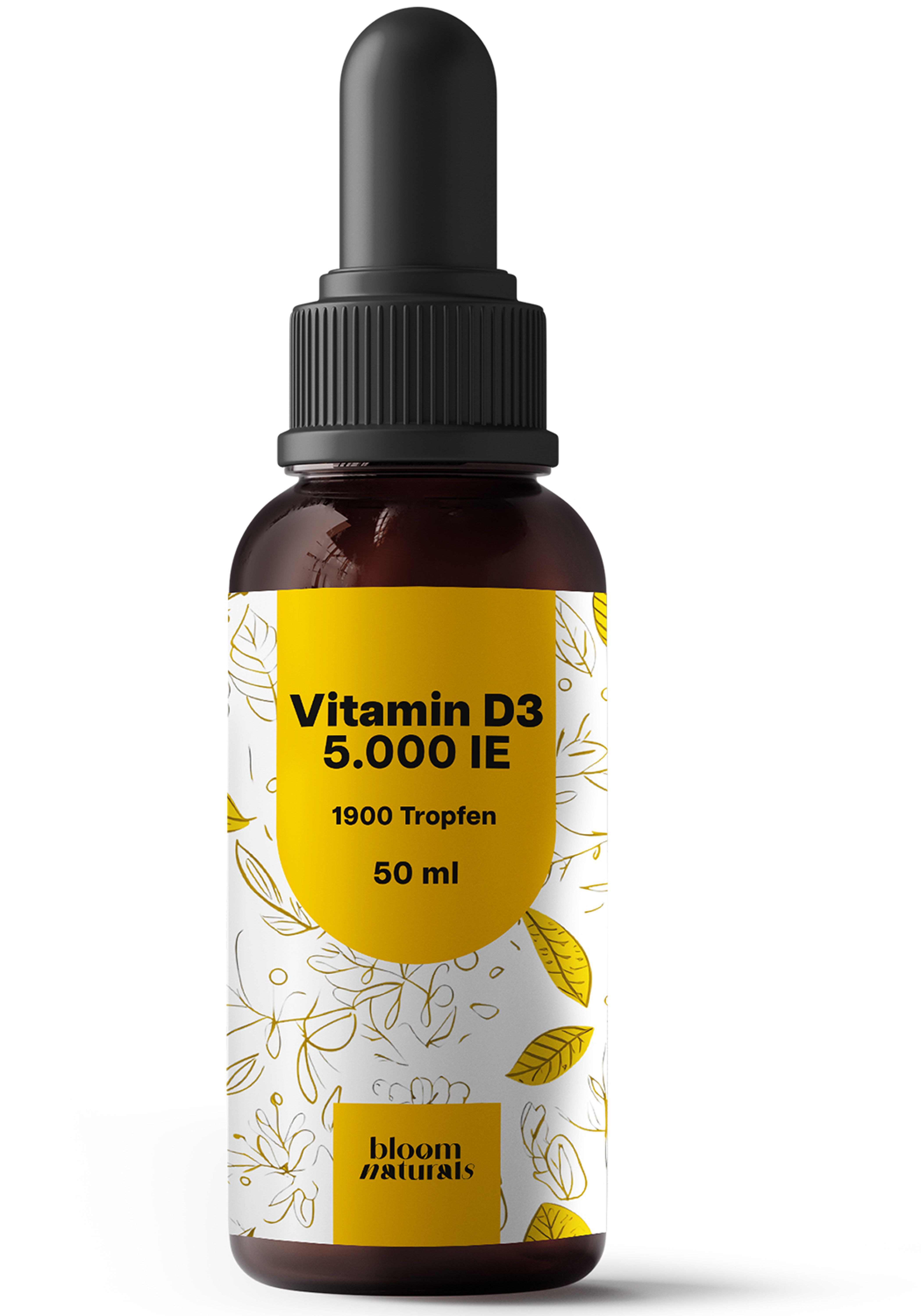Braune Glasflasche mit gelbem Etikett. Enthält Vitamin D3 Tropfen. Aufschrift: Vitamin D3 5.000 IE, 50 ml.