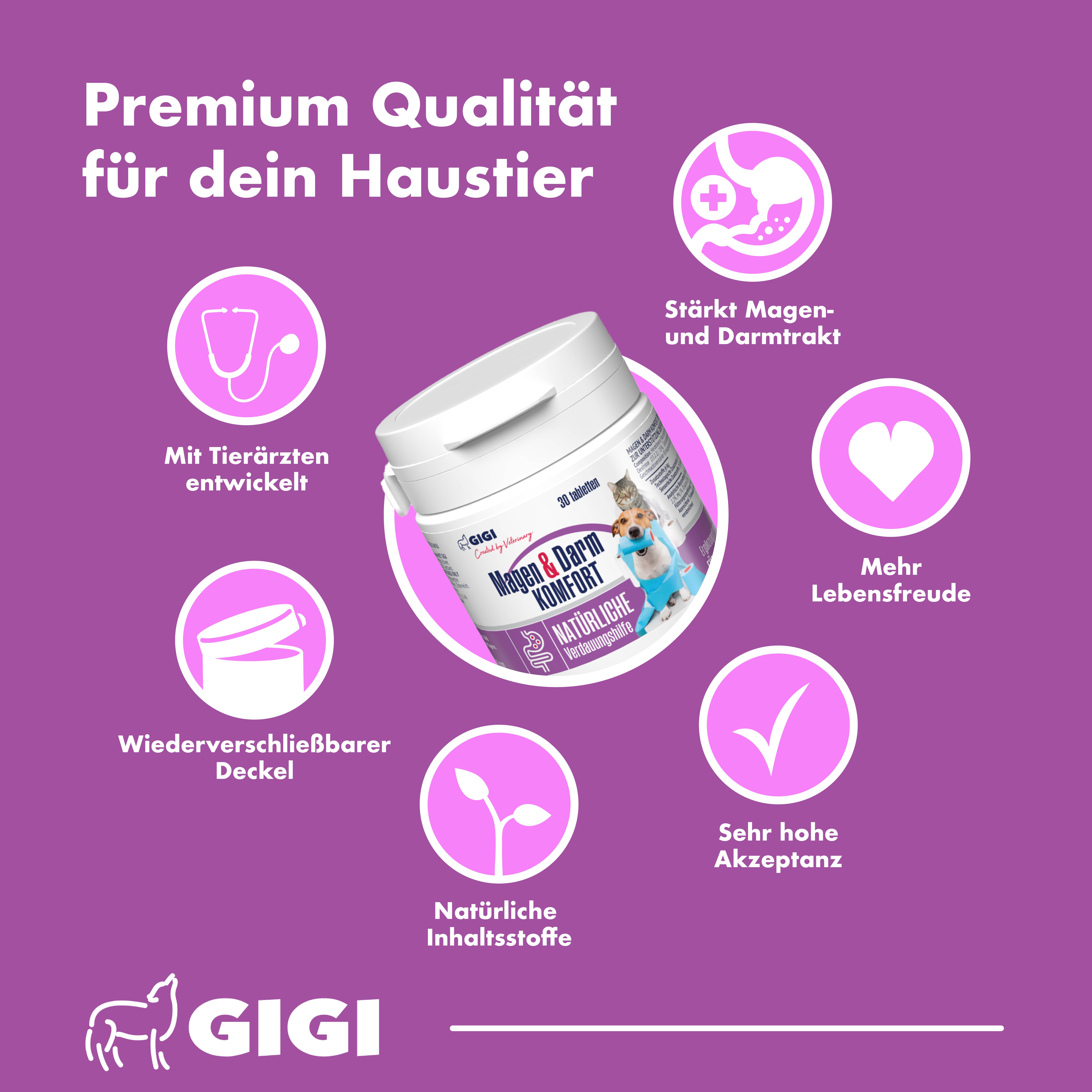 Weißes Produkt in Dose. Aufschrift: Magen & Darm Komfort. Logos: GIGI, Stethoskop, Herz, Blätter, Deckel, Stärkt Magen-Darmtrakt.