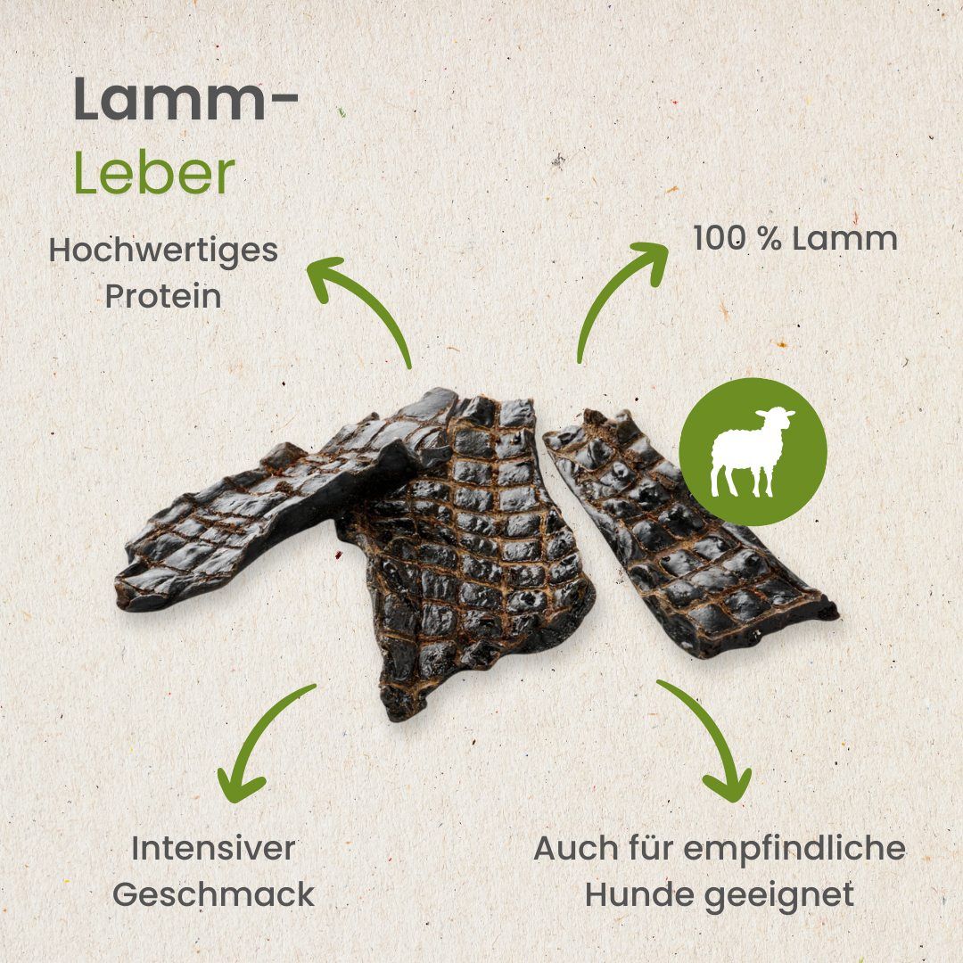 Getrocknete Lamm-Leberstücke, reich an Protein, 100% Lamm, mit intensivem Geschmack.