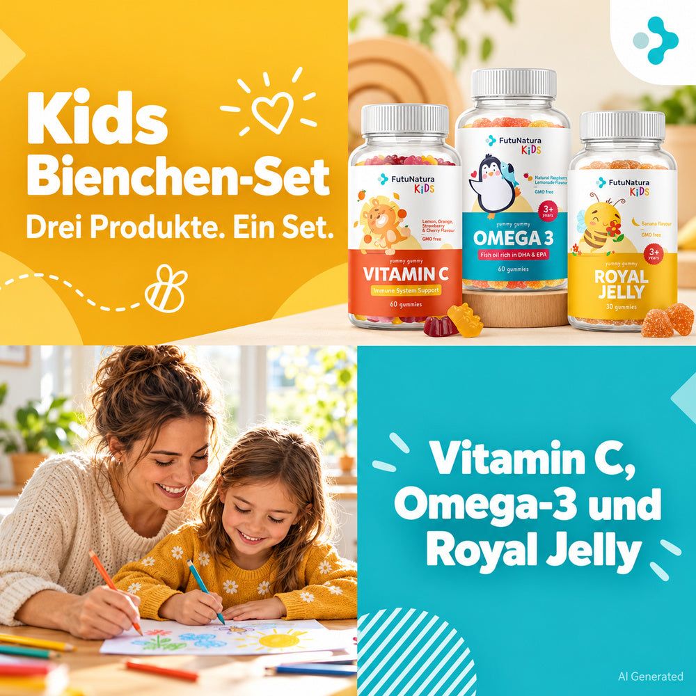 Mutter und Kind malen zusammen. Drei Flaschen FutuNatura Kids Gummis im Hintergrund.