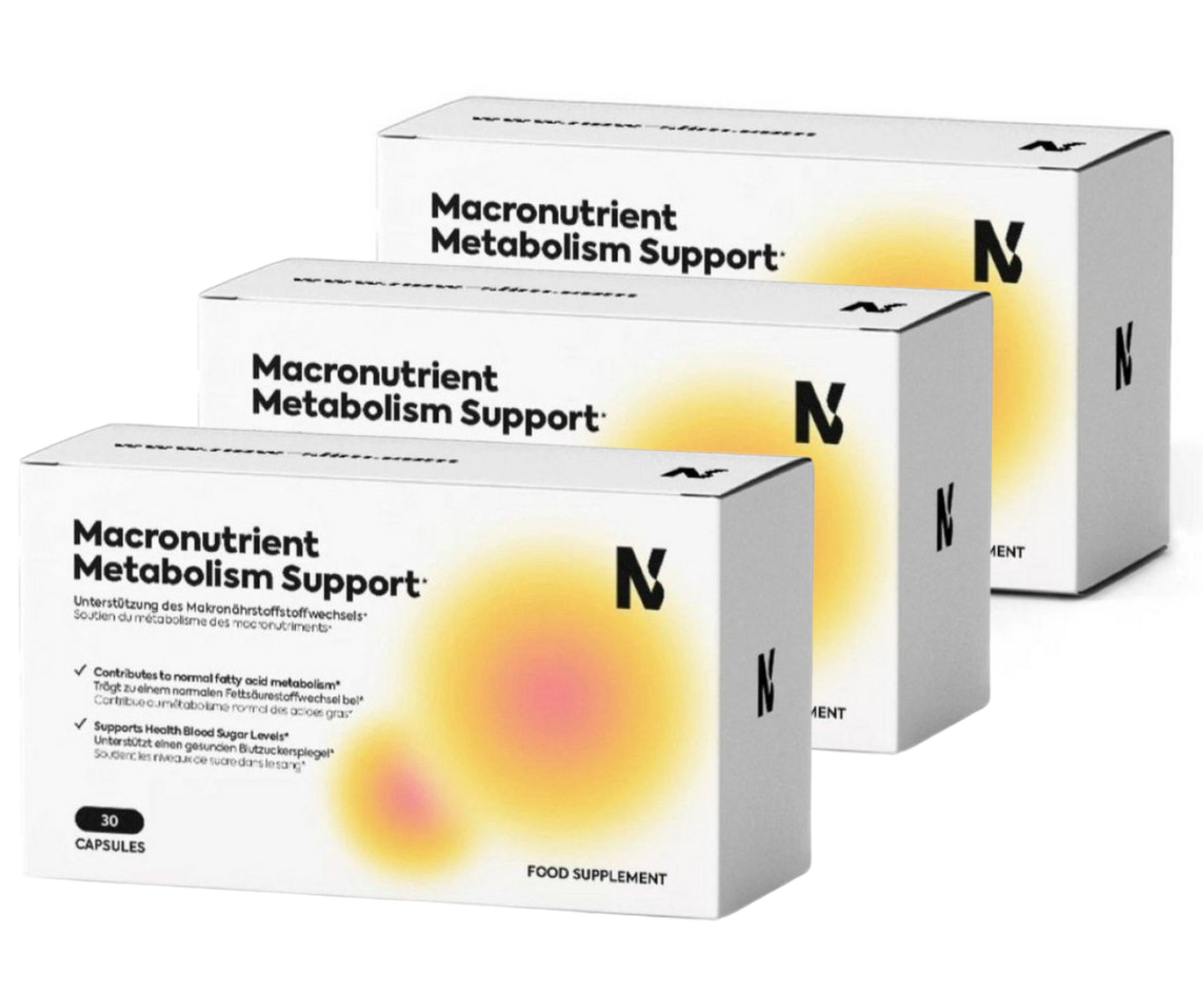 Drei weiße Schachteln mit dem Produktnamen "Macronutrient Metabolism Support" und dem Logo "N". Die Schachteln enthalten 30 Kapseln und sind als Nahrungsergänzungsmittel gekennzeichnet. Auf der Vorderseite sind gelbe und orangefarbene Kreise abgebildet.