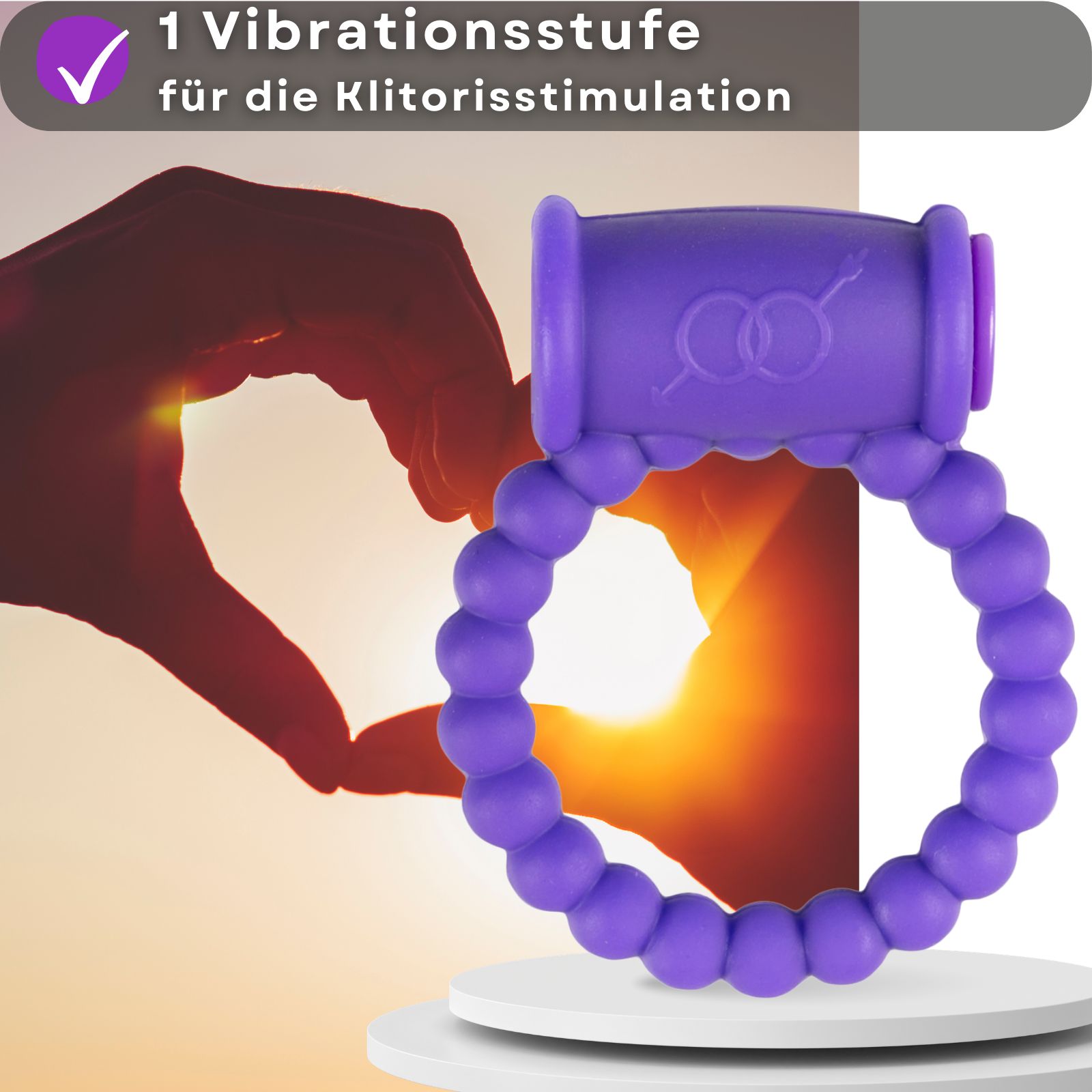 Produktabbildung mit Text. Zeigt einen lila Penisring mit Text: 1 Vibrationsstufe für die Klitorisstimulation.
