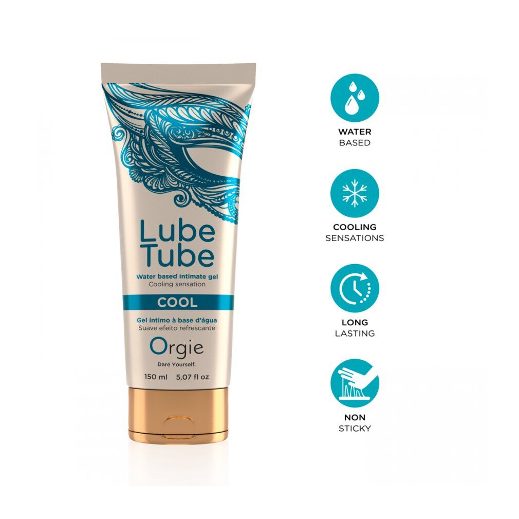 Tube Lube Tube Cool. Text: Water based intimate gel. Marke: Orgie. Goldfarbener Verschluss. Piktogramme: Wasserbasiert, kühlend, langanhaltend, nicht klebrig.