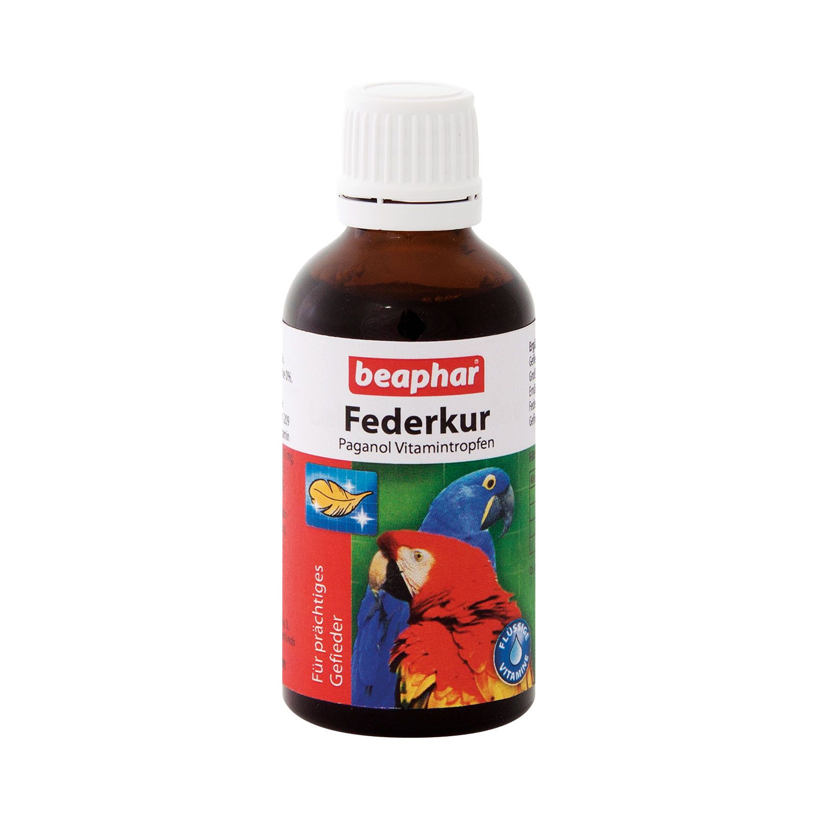 Braune Flasche mit weißem Deckel. Aufkleber mit Papageien und Schriftzug Federkur Paganol Vitaminintropfen von Beaphar.