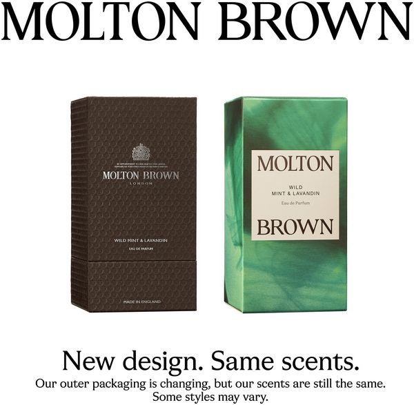Molton Brown Wild Mint & Lavandin Eau de Parfum Flakon und zwei Verpackungen, eine braun, eine grün.