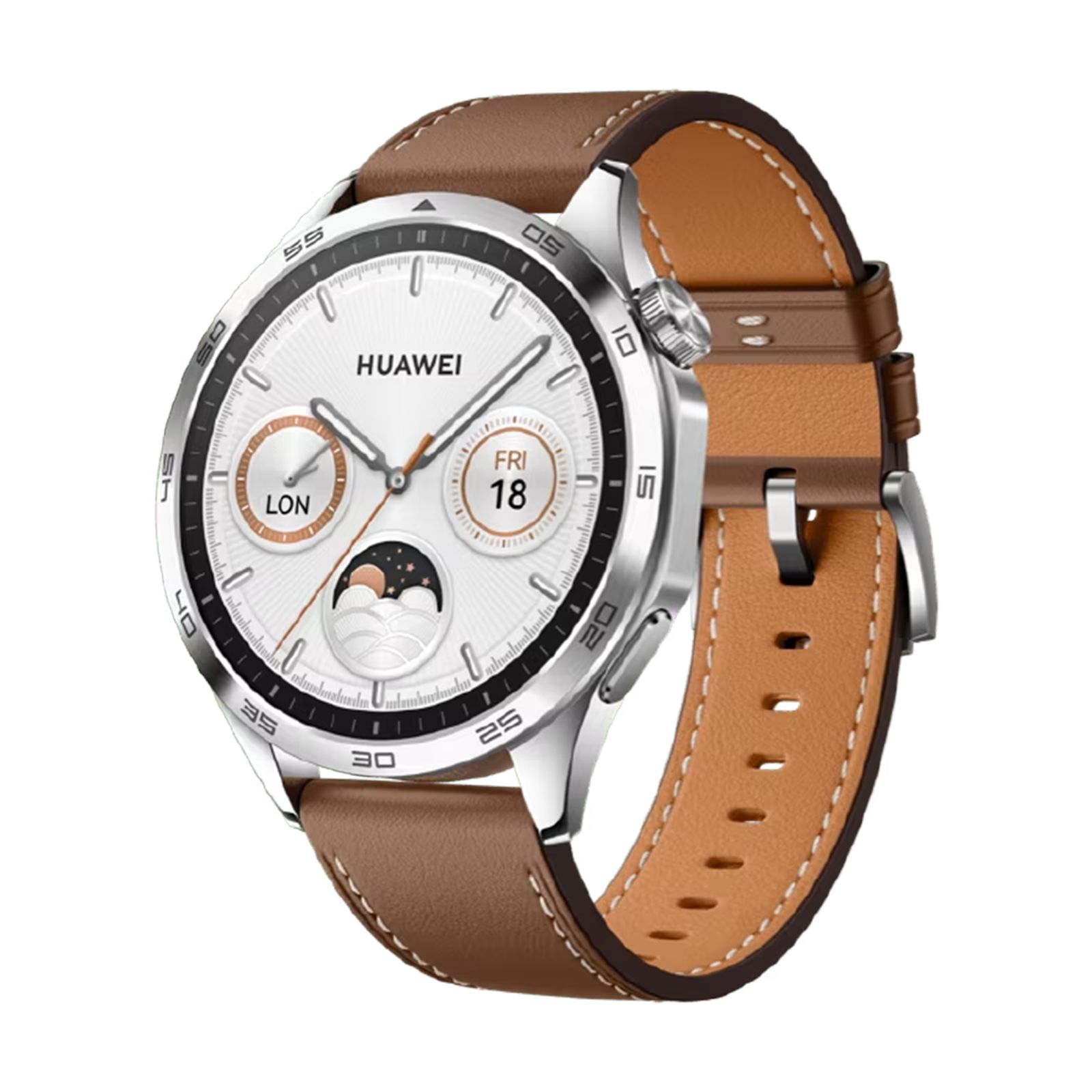 Smartwatch mit silbernem Gehäuse und braunem Lederarmband. Weißes Zifferblatt mit Datumsanzeige. Huawei-Logo sichtbar.