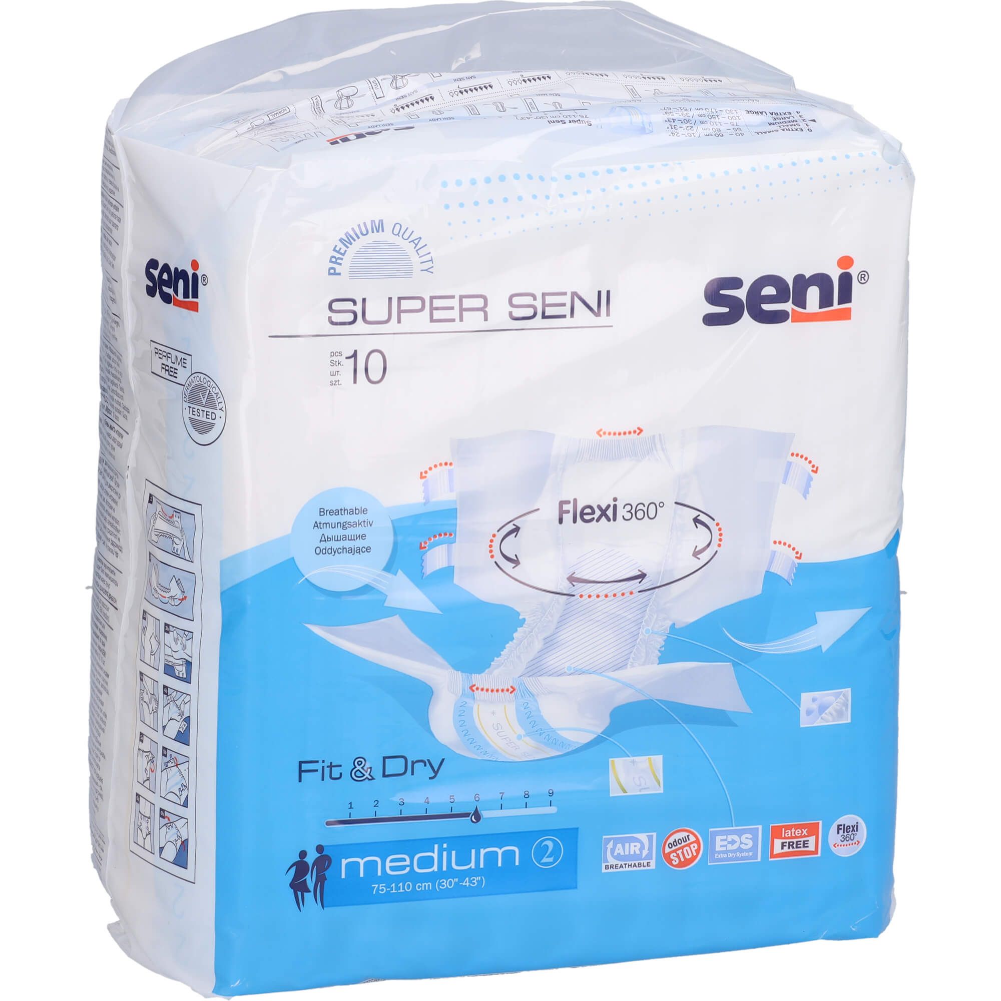 Verpackung von Super Seni Inkontinenzhosen. Aufdruck: Super Seni, medium, Flexi 360, Fit & Dry, atmungsaktiv.