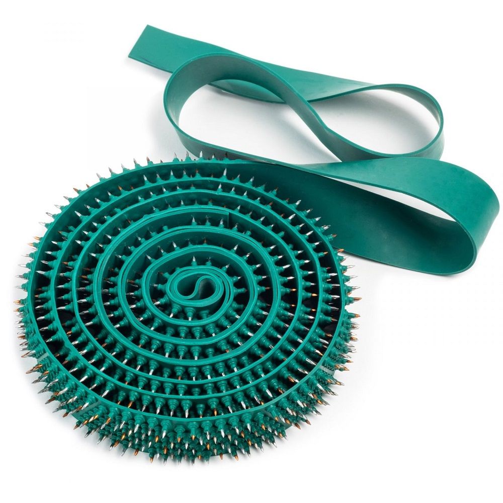 Gerolltes grünes Band mit Metallspitzen und ein loses Band daneben.