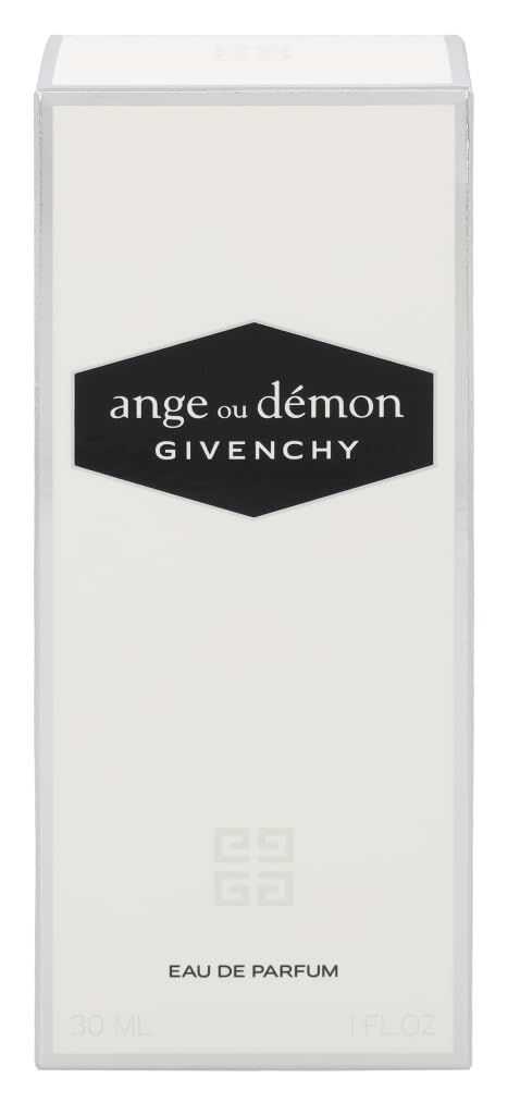 Weiße Verpackung mit schwarzem Logo "ange ou démon" und Schriftzug "GIVENCHY". Unten "EAU DE PARFUM" und "30 ML".