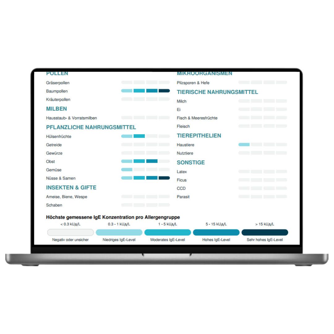 Laptop zeigt Allergietest Pro-Ergebnisse nach Allergenkategorien und IgE-Level.