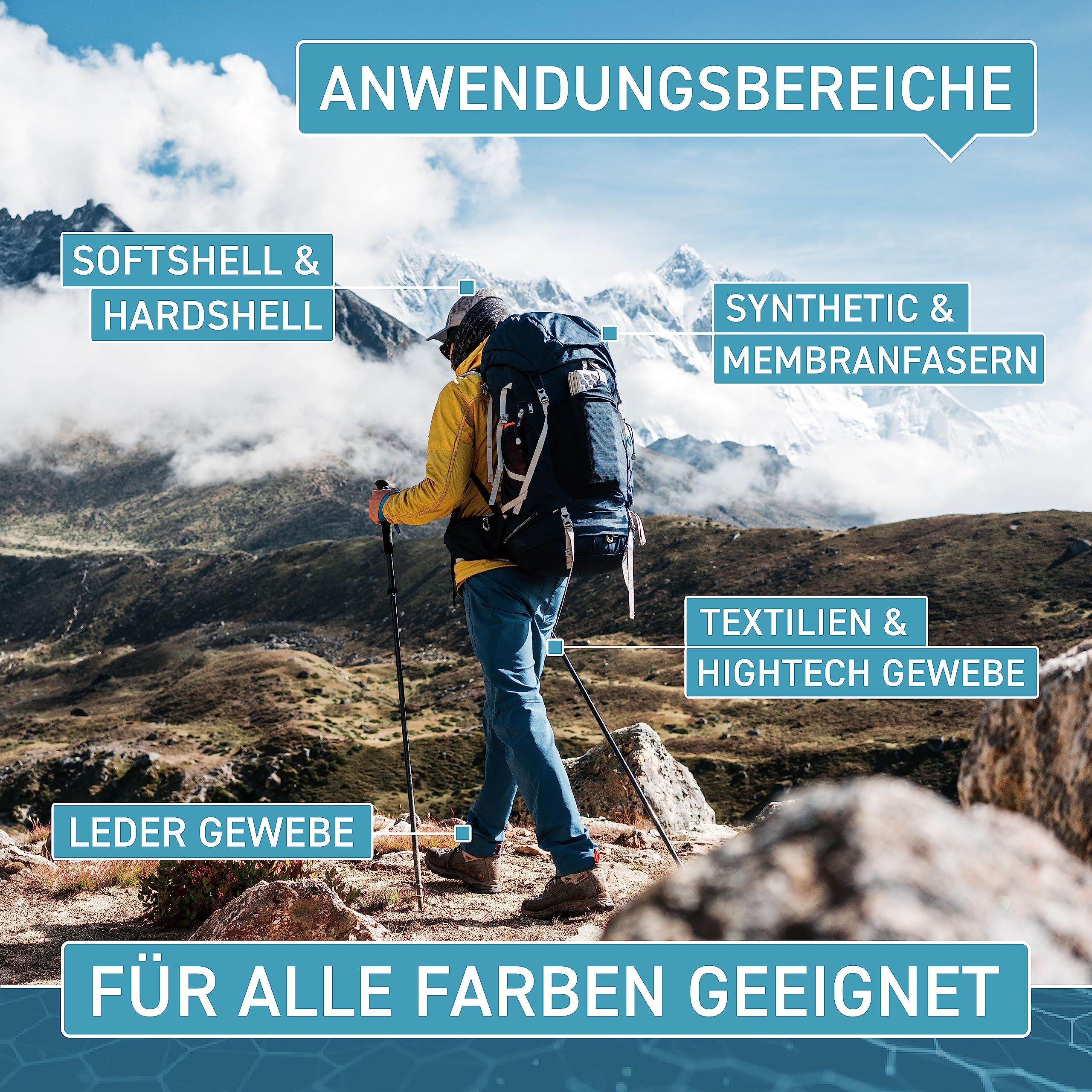 Mann wandert in den Bergen. Text: Anwendungsbereiche: Softshell & Hardshell, Synthetik & Membranfasern, Textilien & Hightech Gewebe, Leder Gewebe. Für alle Farben geeignet.