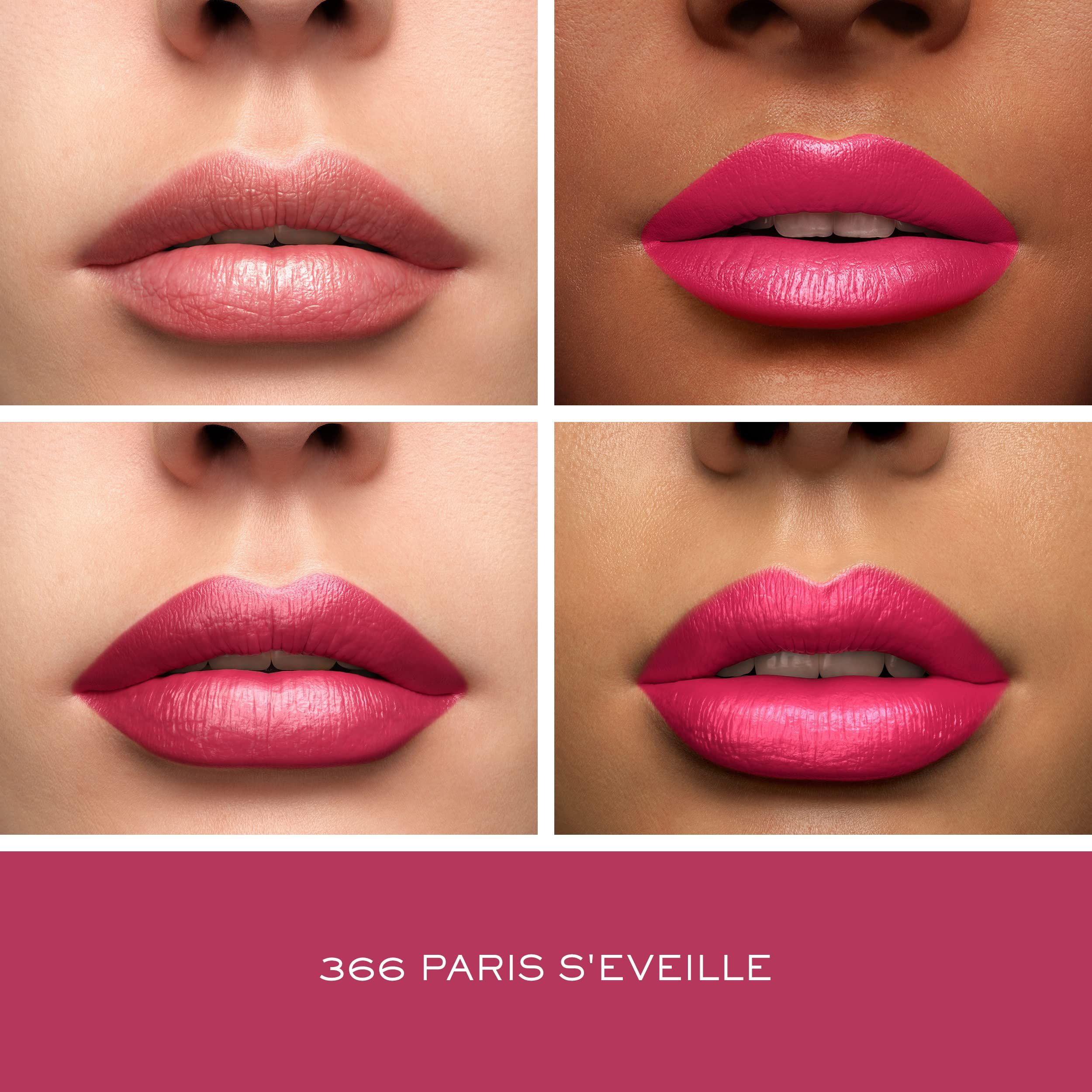 Vier Lippen, die verschiedene Farbtöne des Lippenstifts zeigen. Unten steht die Aufschrift: 366 PARIS S'EVEILLE.