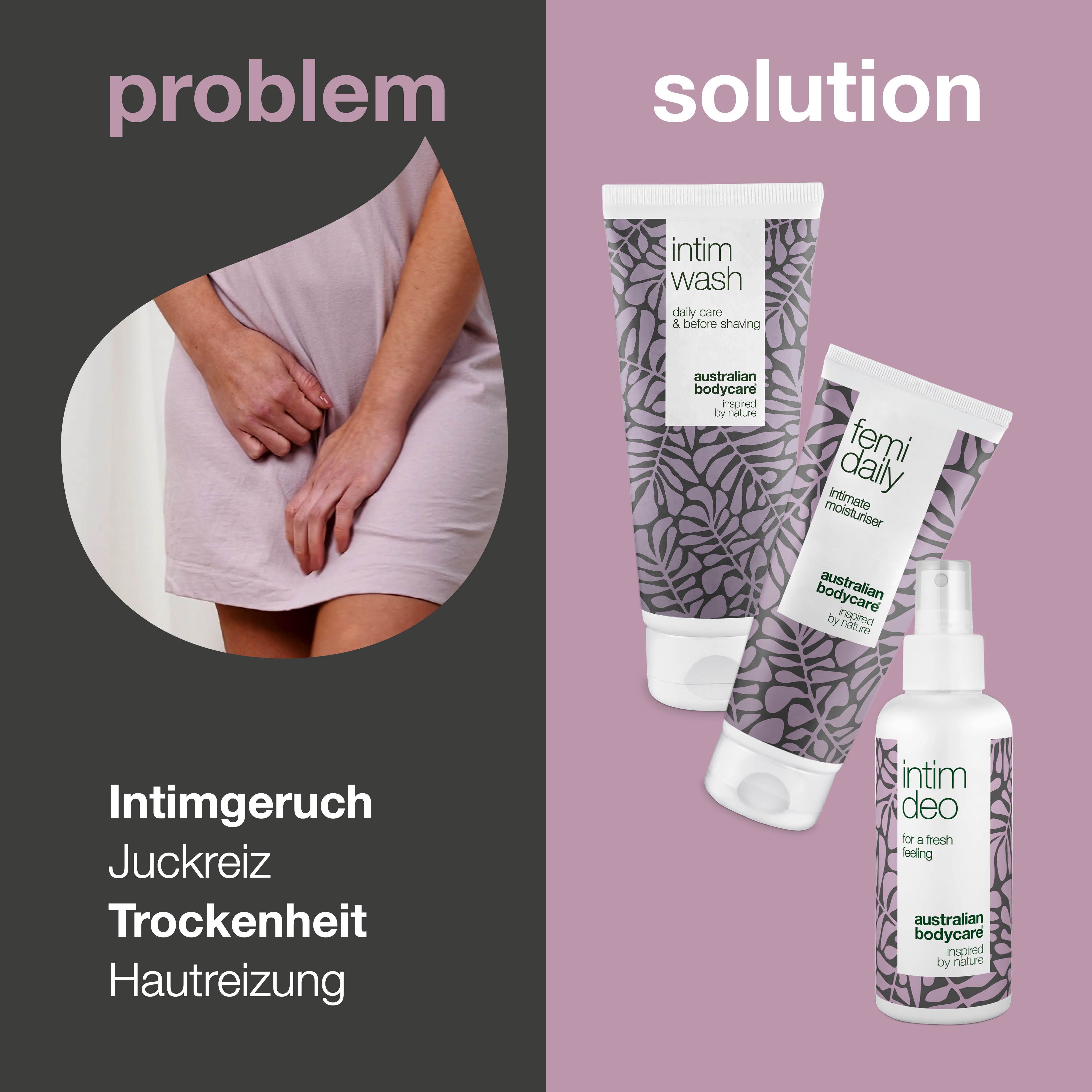 Bild zeigt Problem und Lösung. Links: Frau. Rechts: Produkte Intim Wash, Femi Daily, Intim Deo. Text: Intimgeruch, Juckreiz.