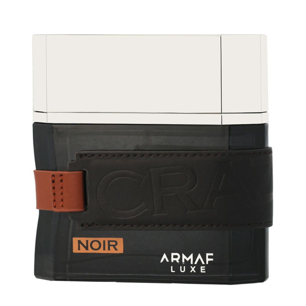 Schwarzer Flakon mit braunem Lederband und silbernem Deckel. Aufschrift: Noir, Armaf Luxe.