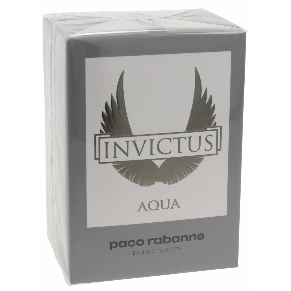 Verpackung von Paco Rabanne Invictus Aqua Eau de Toilette. Graue Schachtel mit Logo und Schriftzug.