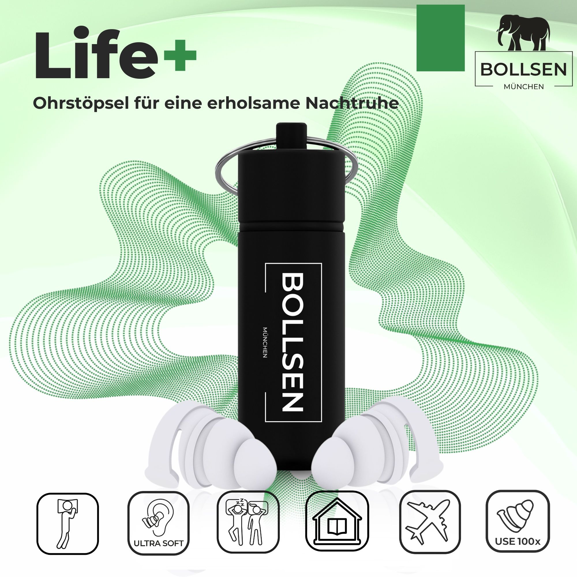 BOLLSEN Life+ Ohrstöpsel in schwarzem Etui, mit Icons für ultraweich, wiederverwendbar und Lärmreduzierung.