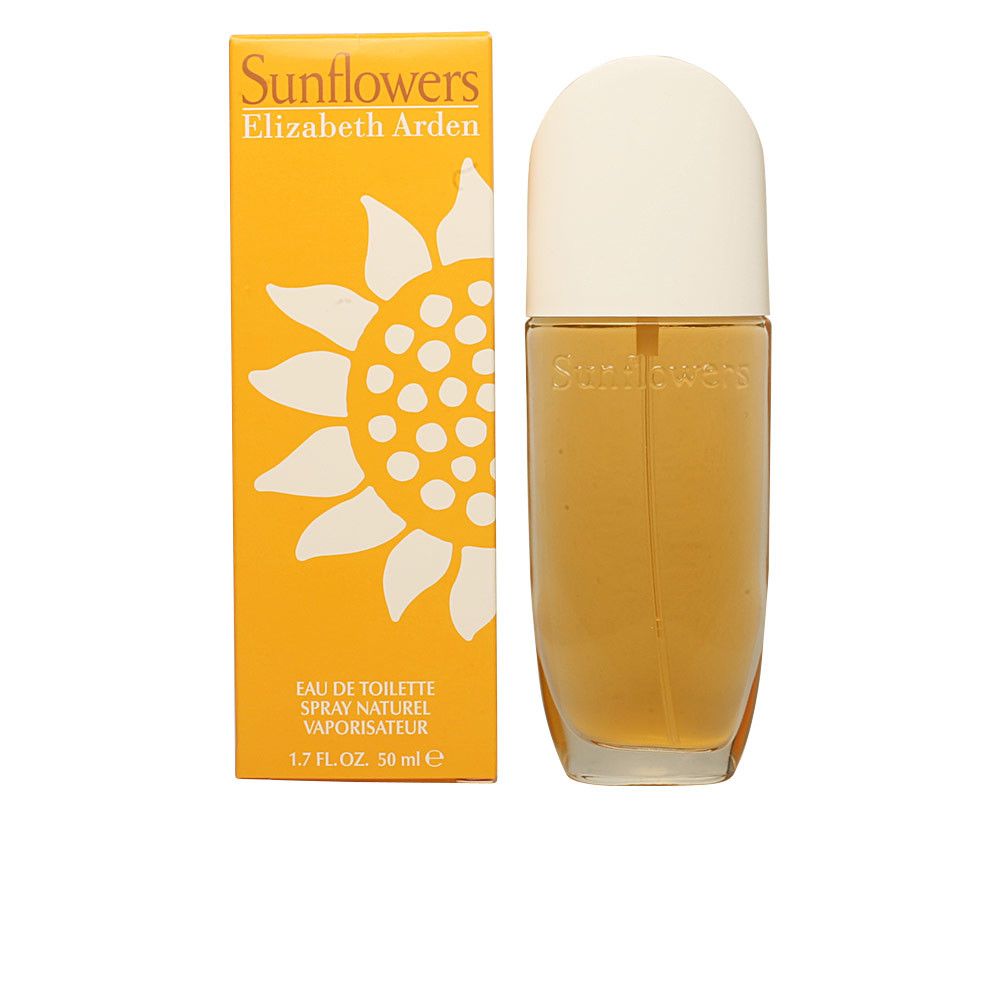 Gelbe Schachtel und Flakon. Auf der Schachtel: Sunflowers, Elizabeth Arden, Sonnenblumen-Design. Flakon: gelbe Flüssigkeit, weißer Deckel.