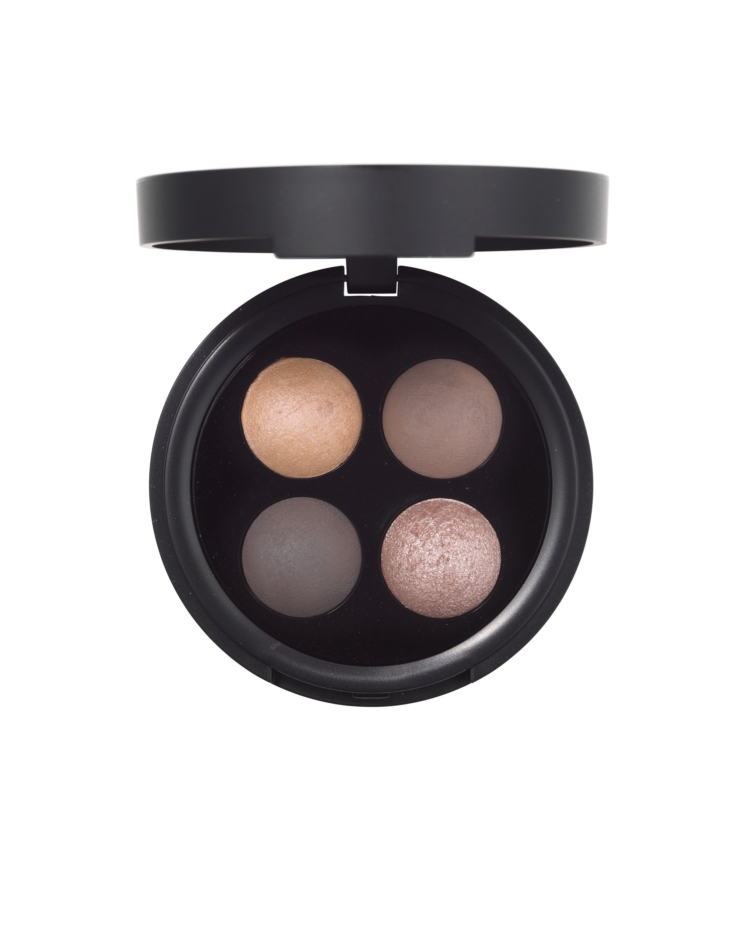 Nilens Jord Baked Mineral Eyeshadow Palette, vier runde Lidschatten in neutralen Tönen, Nahaufnahme.