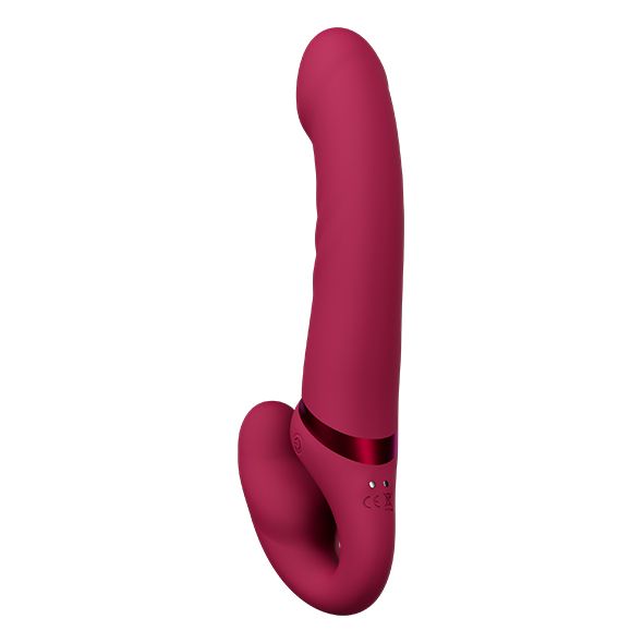 Ein gebogener, pinker Vibrator mit einem metallischen Ring am unteren Ende.